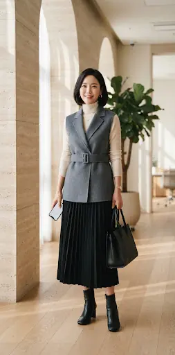 그레이 베스트와 플리츠 미디 스커트를 입은 미니멀 오피스룩